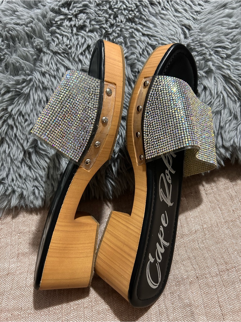 Cape Robbin Iridescent Crystal Wood-Platform Slide Mules-Size 10 NWOT